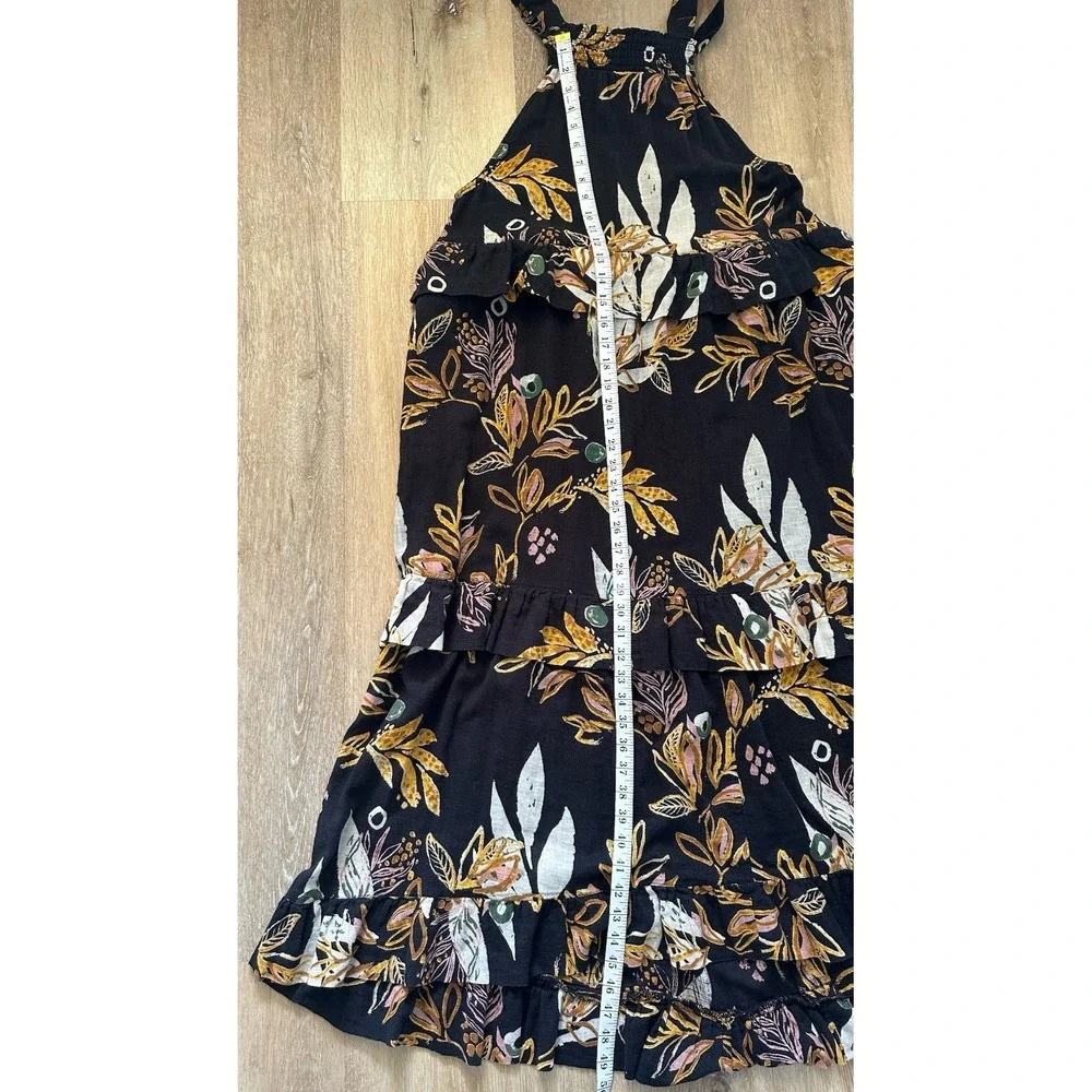 Free People Black Floral Tiered Halter Midi Dress Boho‎ Ruffle Size XS